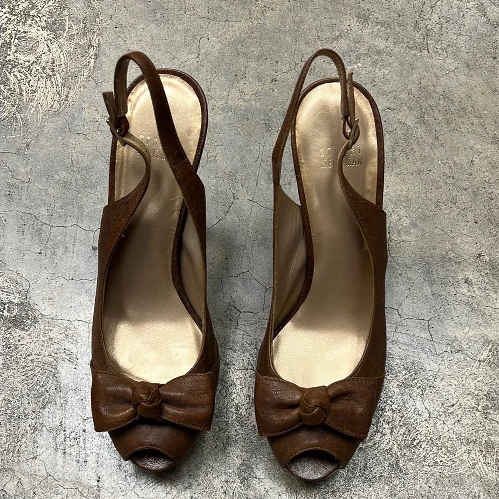 * Stuart Weitzman Brown and Cream Peep-Toe Heels - Picture 2 of 9